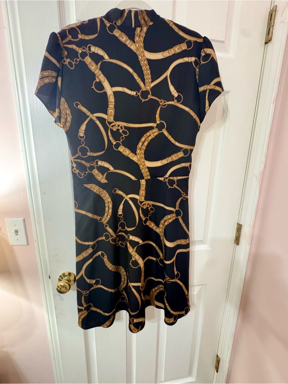 Lauren Ralph Lauren Makeda Dress Black Gold Chain Print Tie Front Mini Dress 14 - Picture 5 of 8